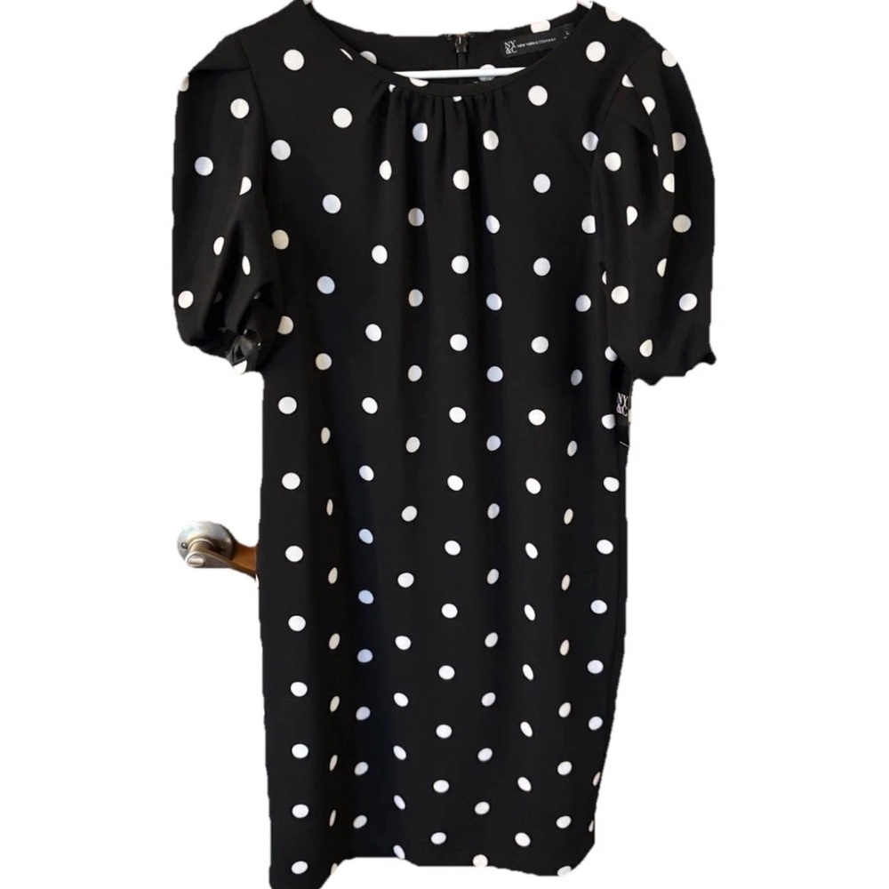 New York And Company Womens Large Dress Polka Dot Sheath Puffy Sleeve Stretch